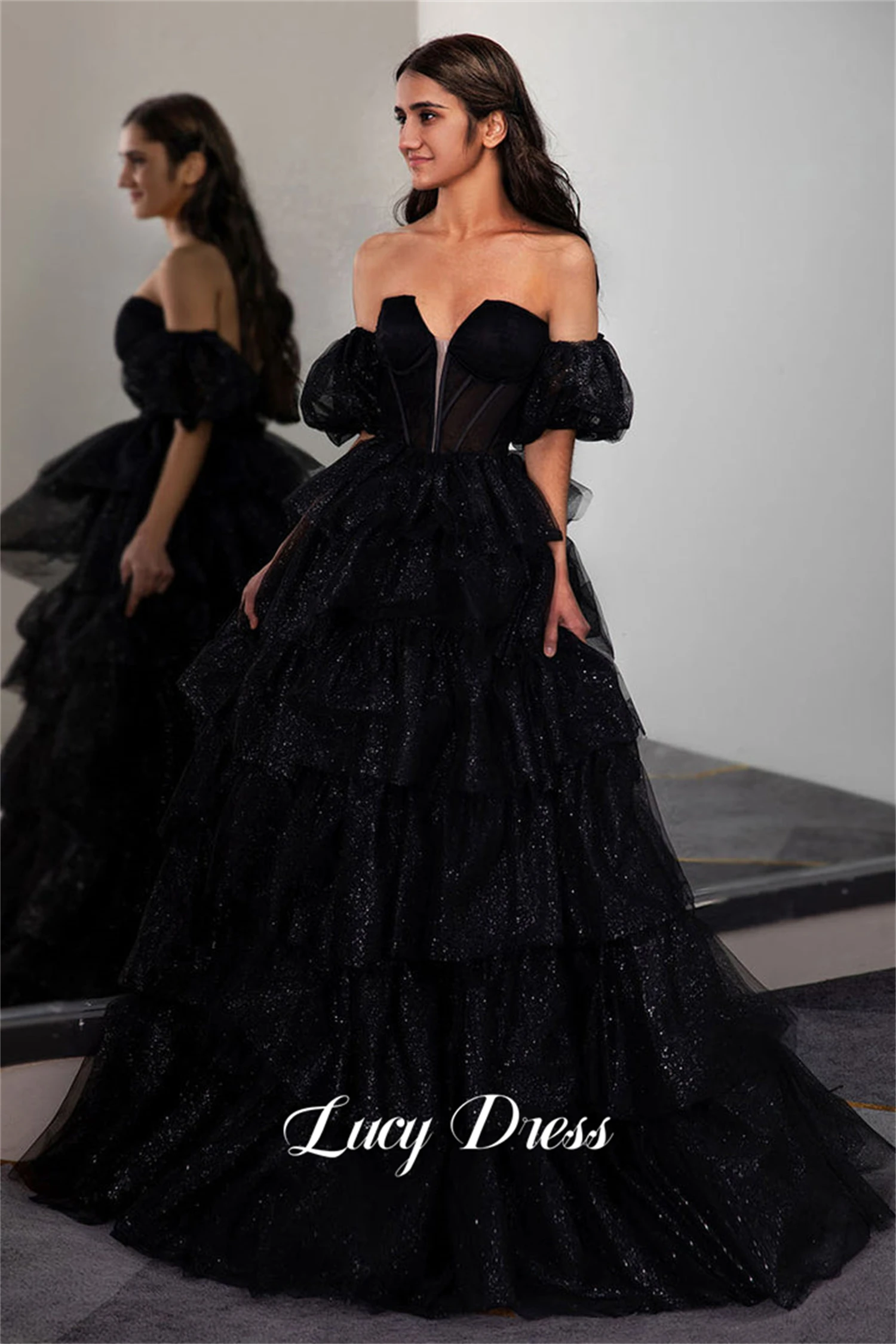 

Lucy Fluffy Party Dress Evening Black Prom Shiny Fabric Products Ball Gowns Dresses for Formal Occasions Dresses gala Customized