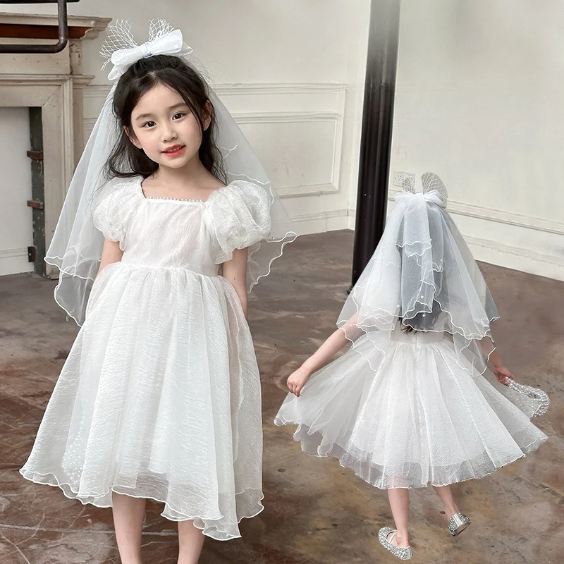 

Белая юбка-пачка для девочек, лето 2024, новое платье принцессы, милое платье, однотонное платье трапециевидной формы, платья с цветочным узором для девочек на свадьбу