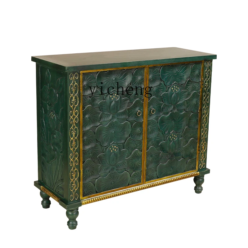 

XL Solid Wood Lotus Leaf Carved Storage Curio Cabinet Log Furniture New Chinese Style Entrance Cabinet