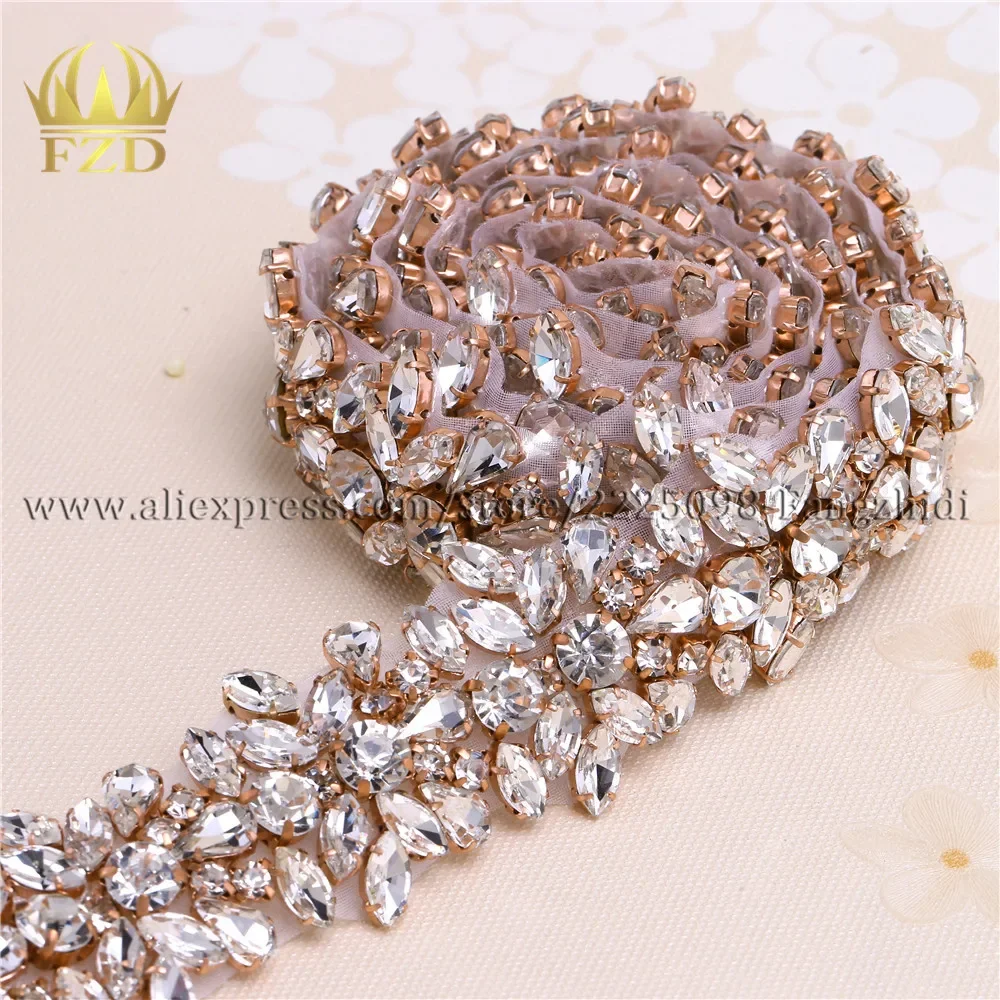 (1 Yard) Handmade Hot Fix Sewing on Clear Rhinestone Crystal Appliques for Wedding Gown Iron on Belt Headpieces Garters FA-1072