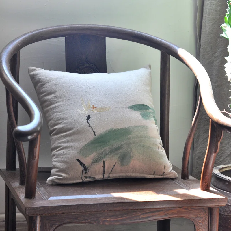 

New Chinese Style Hand-Painted Sofa Pillow Cover Living Room Office Home Use Country Zen Waist Pillow Soft Square PP Cotton F...