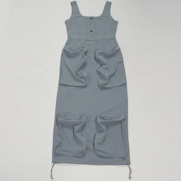 فستان نسائي ميدي بجيوب وأزرار عالية الشارع تفاصيل فستان بدون أكمام فساتين نسائية للنوادي الليلية ملابس كلوبوير صيف 2025 #4