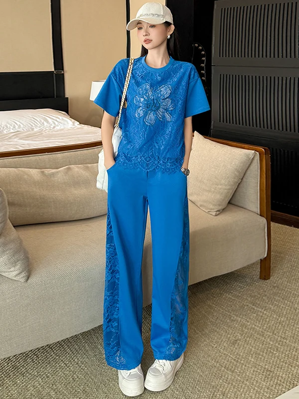 

Летний повседневный спортивный костюм для женщин: синяя футболка с коротким рукавом и широкие брюки, комплект из двух предметов, модный уличный стиль