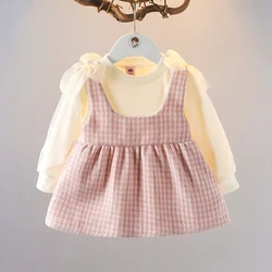 2024 Spring and Autumn Girls Sweet Long Sleeve Button Princess Dress Checkered Round Neck Dress Children's Clothing 1-5Y