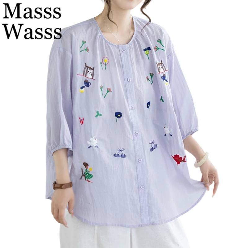 

Masss Wasss British Design Fashion Oversized Shirts Ladies 2026 Vintage Loose Cartoon Tops Womens Summer Classic Leisure Blouses