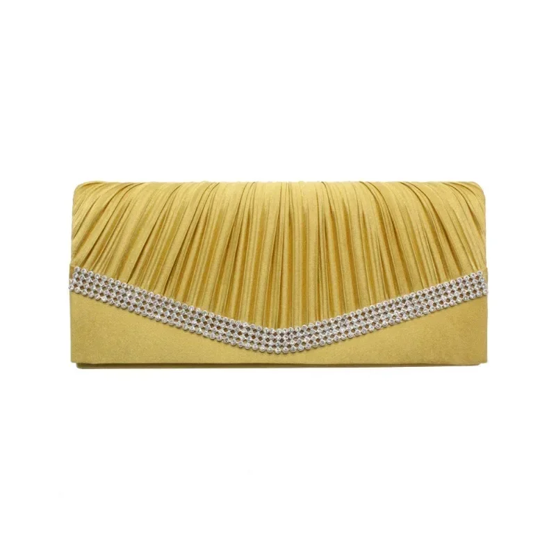 Pleated Silk Satin Clutch Women Wedding Crystal Diamond Bling Fashion Eveing Bag Classic Ruched Long Sqaure Purses for Mother