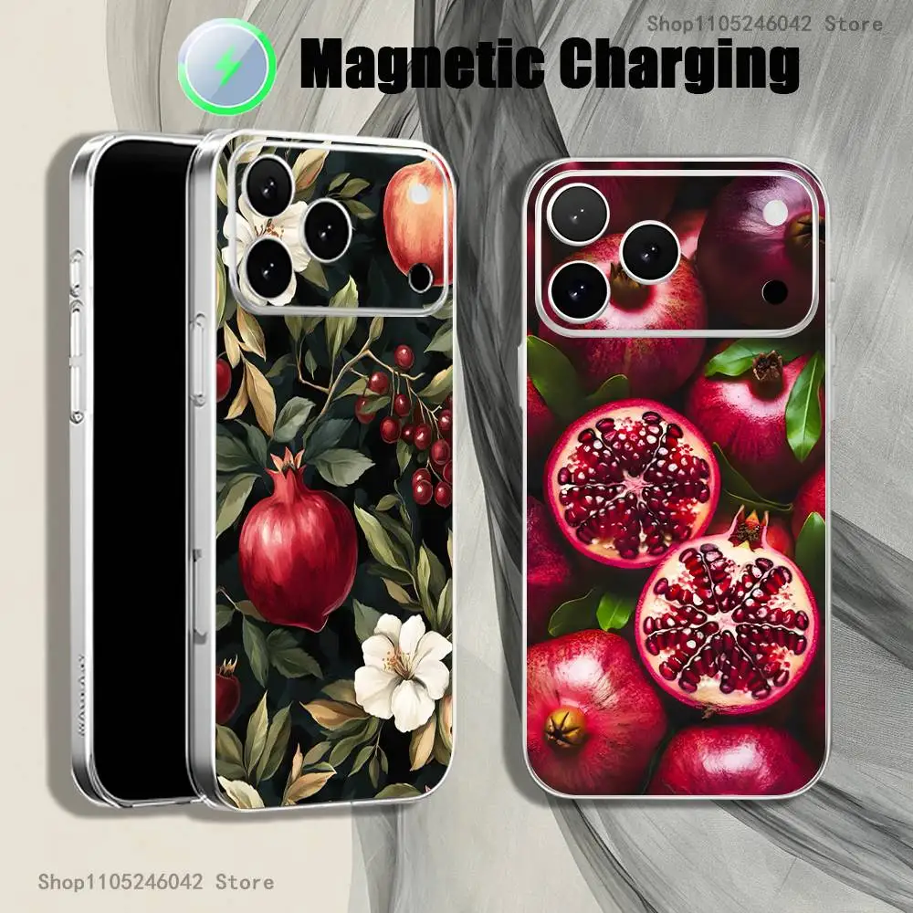 

Cute pomegranate For iPhone 17,16,15,14,13,12,11,Pro,Max,Plus Magnetic Wireless Charging Transparent White Phone Case