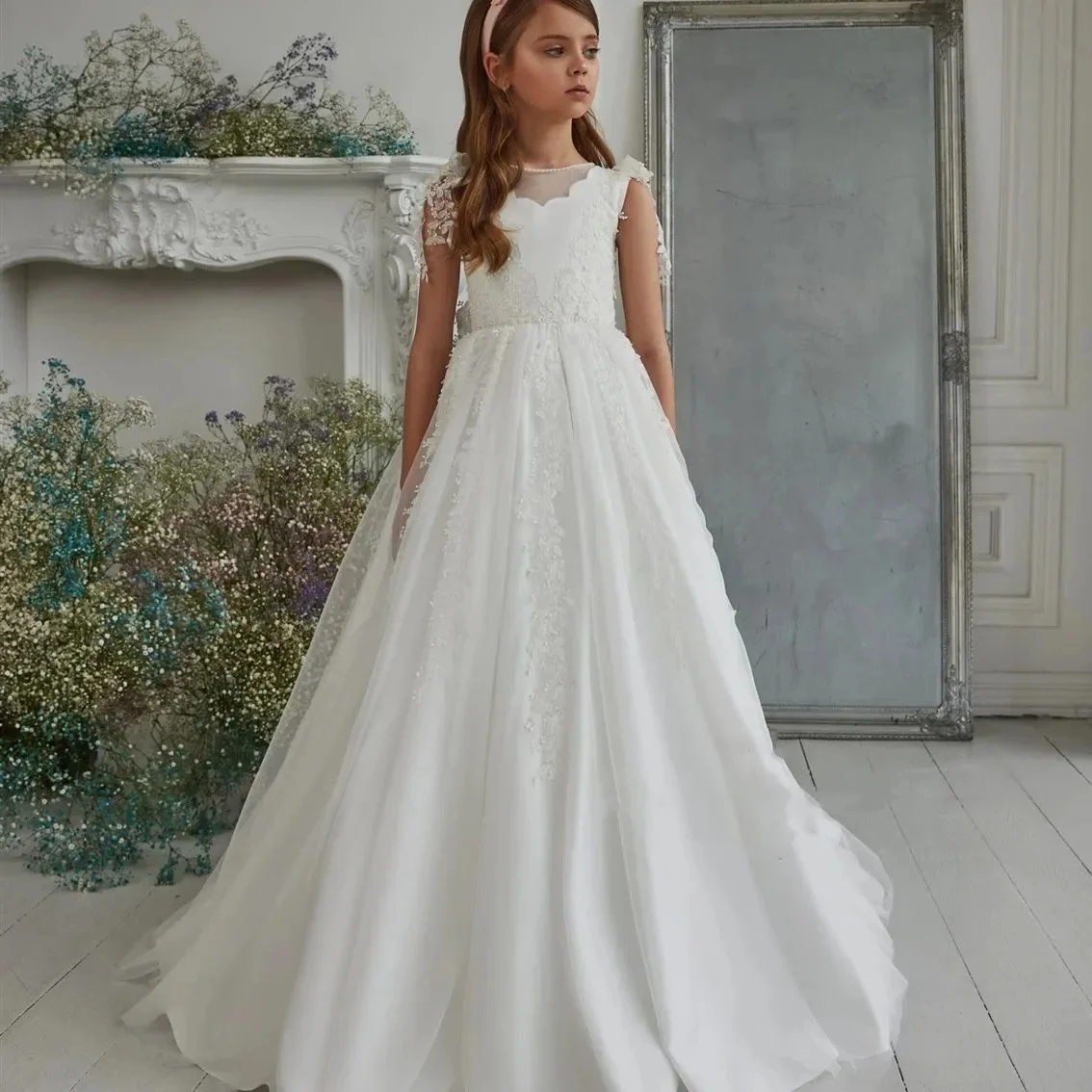 A-Linie Blumen mädchen Dress applique Spitze Perle Bogen für Hochzeit boden lange Prinzessin Kinder Geburtstags feier Erstkommunion Ballkleid