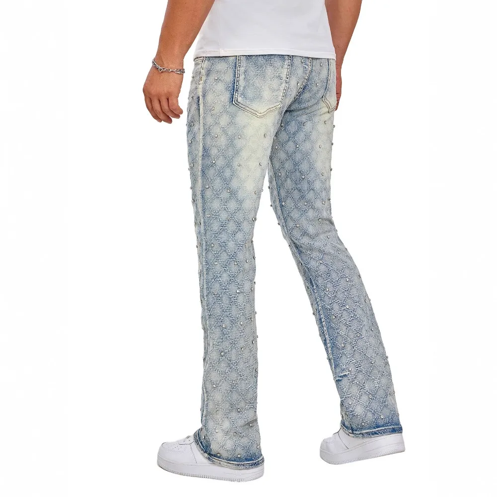 Denim Straight Ankle Length Pants Men Jean Washed Vintage Pearl Jeans Print Pockets High Street Spliced Distressed 2025