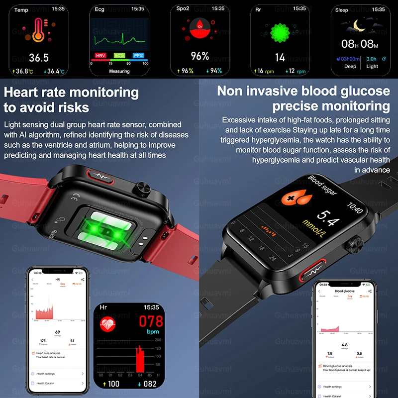 Medição de pressão arterial masculina e feminina Smartwatch, bomba de ar, airbag, glicose, lipídios, ECG, PPG, saúde, relógio inteligente, novo, 2024