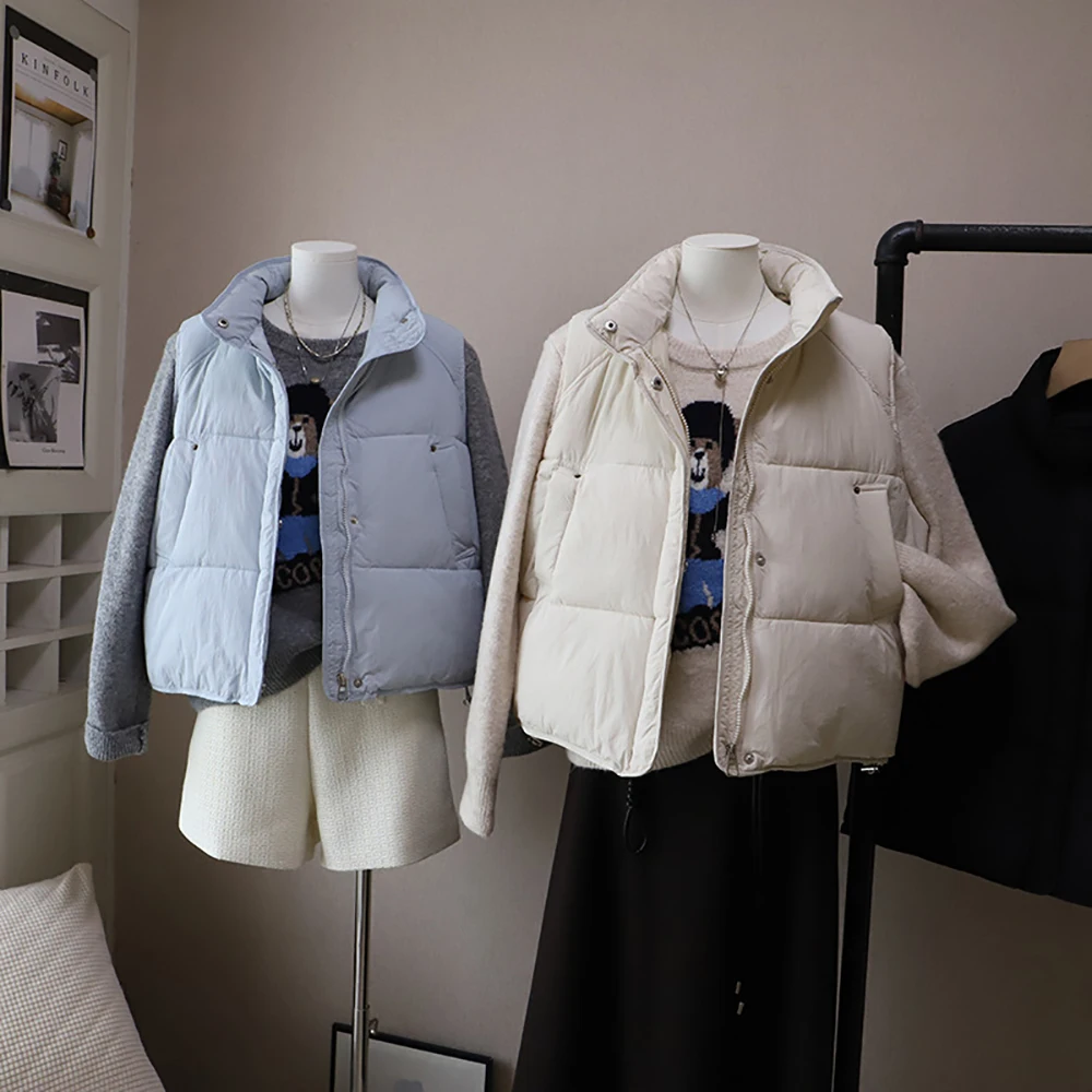 

Сплошной цвет, хлопковый жилет с воротником-стойкой для женщин, осень-зима, простые теплые пальто без рукавов, универсальные толстые жилеты в корейском стиле