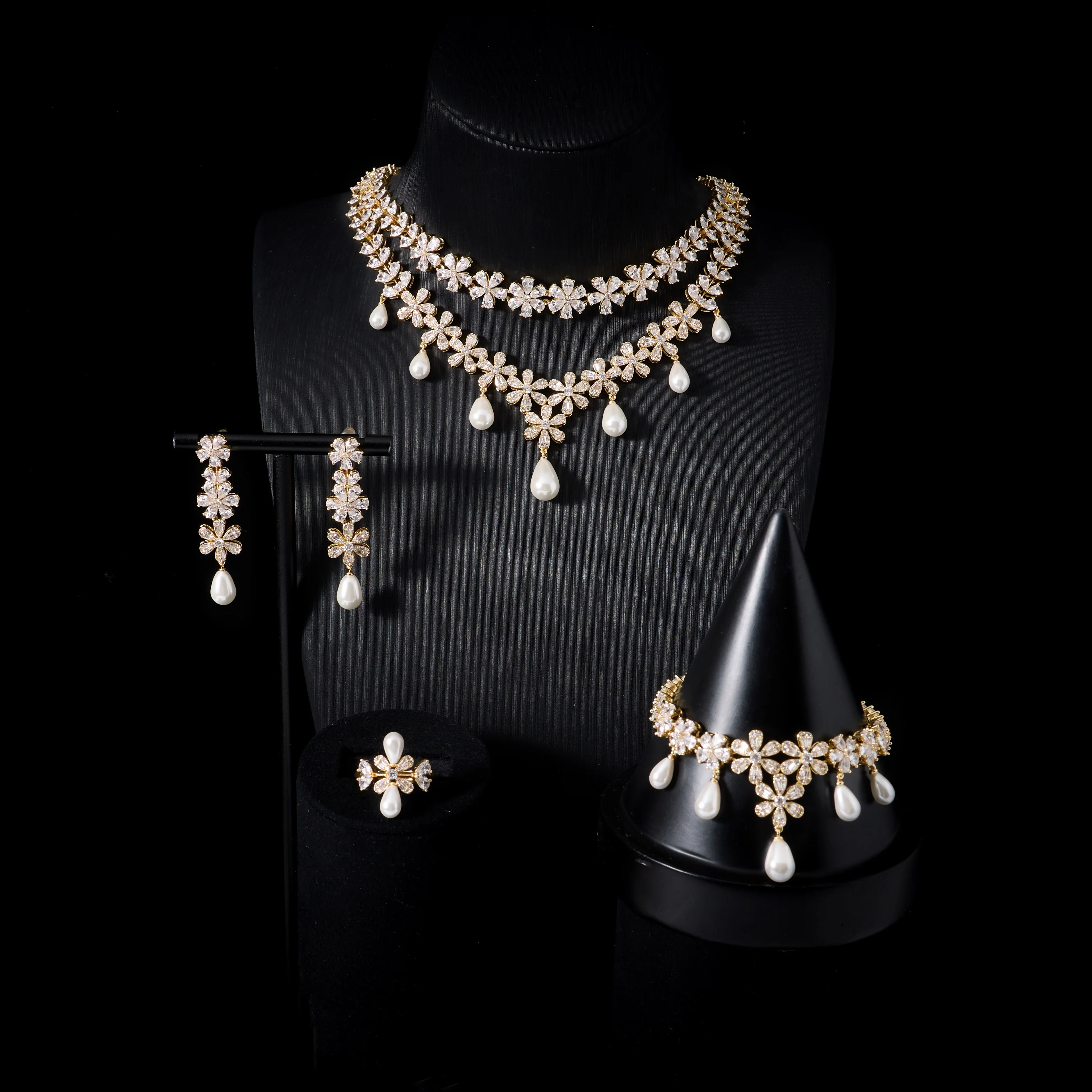

00103 Luxury Flower Water Drop Jewelry Set for Women CZ Crystal & Pearl Bridal Necklace Earrings Bracelet Ring Wedding Jewelry