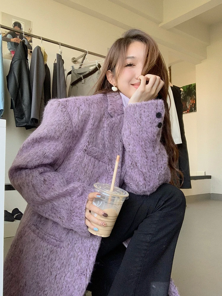 Purple Mid-Length Woolen s Women Autumn and Winter 2024 New Small High-Grade Temperament Thickened Suit