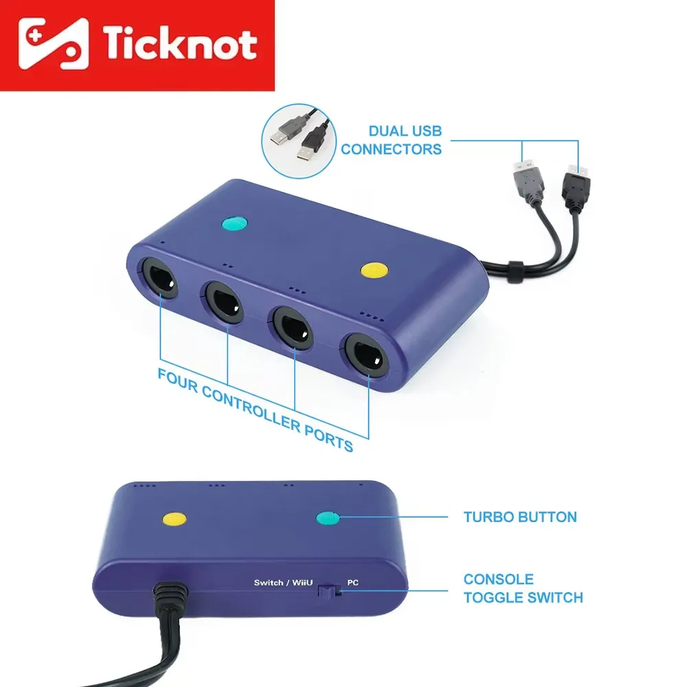 TicKnot 4 Ports Game Controller Converter For GameCube GC Gamepad USB Adapter For PC/Wii U/Switch Console With Trubo Function