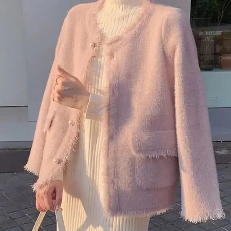 Korejepo Pink Sweater Coat 2024 Autumn Winter New Celebrity Imitation Mink Fleece Fashion Clothes Versatile Knitted Cardigan