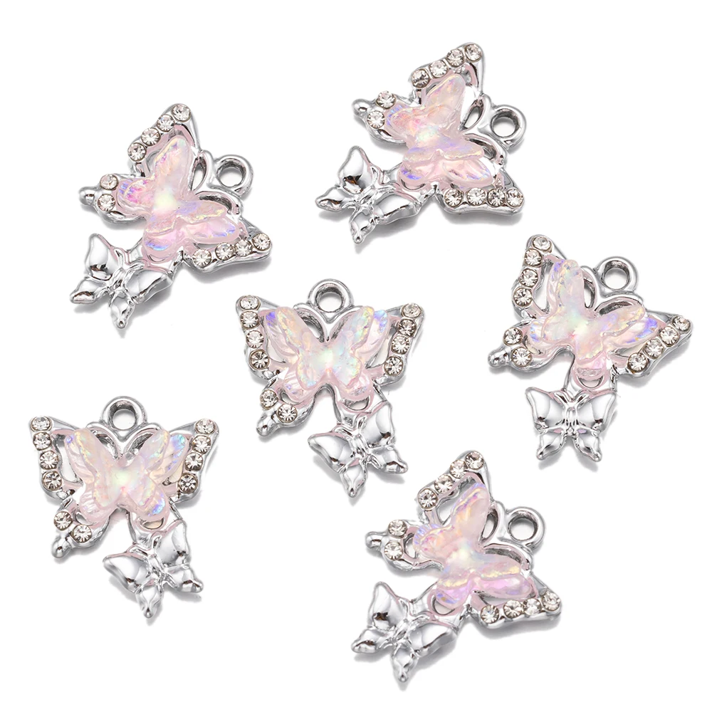 10pcs/Lot Pink Butterfly Crystal Rhinestone Pendants For DIY Necklace Bracelet Earrings Y2K Charms Jewelry Making Accessories