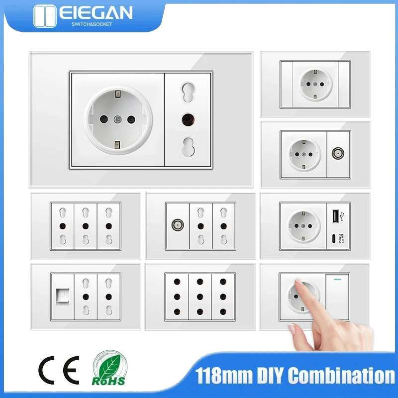 

EU/Italy/Chile glass panel power socket switch, fast charging with USB Type-c 5V 2100mA C-type TV, phone, computer power socket