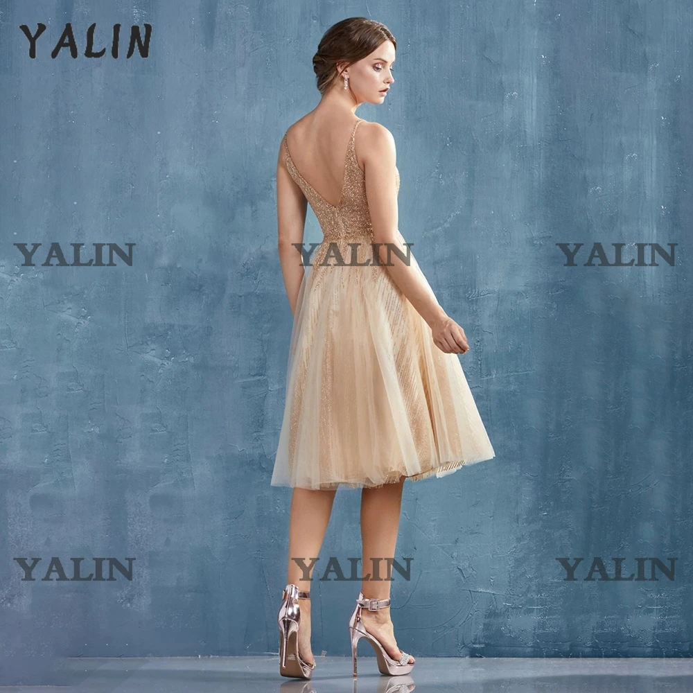 Yalin Champagne Elegante Prom Party Dress Sequenties Knie Lengte Homecoming Jurken Formele Speciale Gelegenheid Vestidos De Fiesta