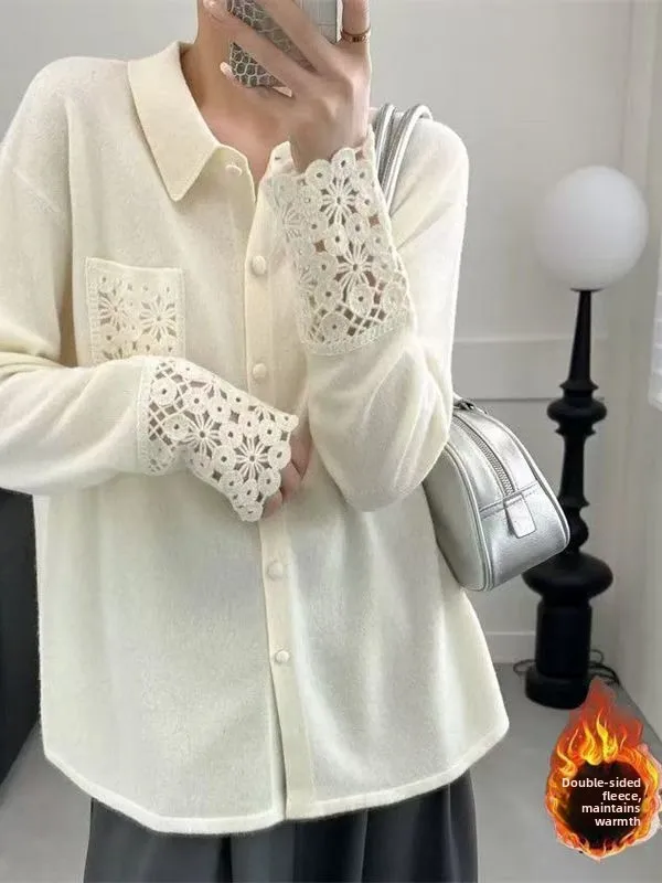 Autumn Winter Long Sve  Collar Thermal Slim Fit Base irt Hollow out ket Splicing Sve European Sle Vintage Fa...