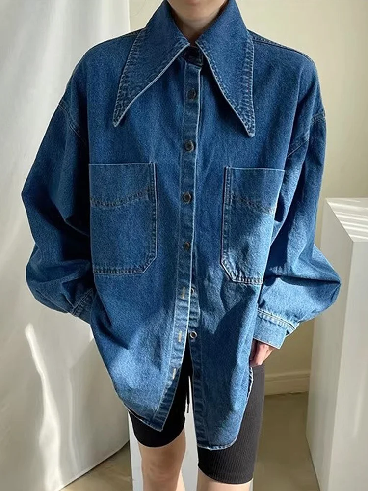 

Chic Autumnal Loose Fit Long Sve arp Collar Single Button Casual Versatile Women's Denim irt Korean Sle Commute Faion