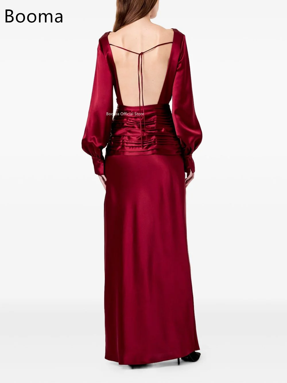 Booma linha a sem costas cetim simples vestidos de noite vestidos formais para mulheres manga cheia elegante vestidos de baile feitos sob encomenda 2025