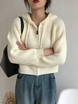 Chic Short Knitted Cardigan Women's Autumn Winter Fashion College Style Hoodie Slimming Top Versatile Casual Daily Wear