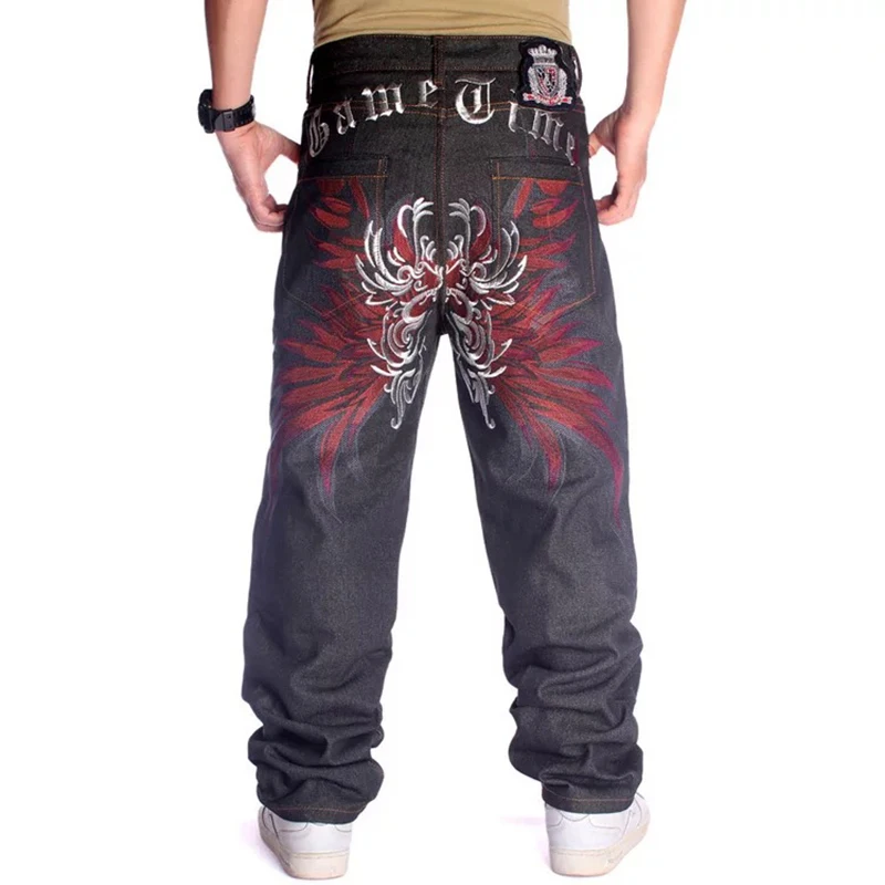 Plus Size 30-46 Inch Skateboard Mens Baggy Jeans Wide-Leg Loose Hip Hop Embroidered Flower Wings Male Denim Pants Tide Trousers