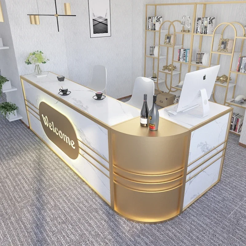 -For Luxury l shaped hair salon reception counter desk customized logo with LED lights multi-size options