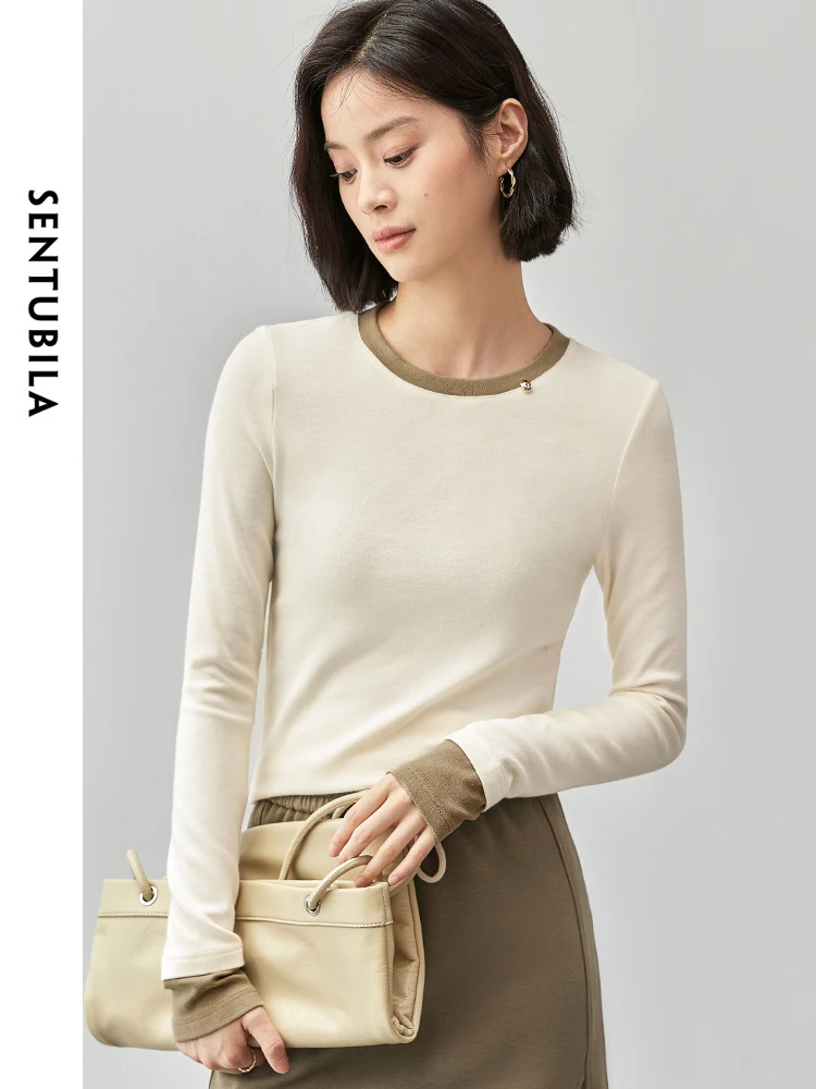 SENTUBILA Patchwork Cotton Knitted T-shirt for Women 2024 Autumn Loose O Neck Long Sleeve Simple Comfort Women Tops 143T55933