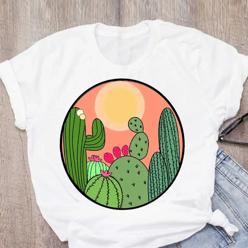 Camiseta de manga curta de cacto engraçado feminino estampado, tops femininos, roupas femininas, camiseta, moda verão