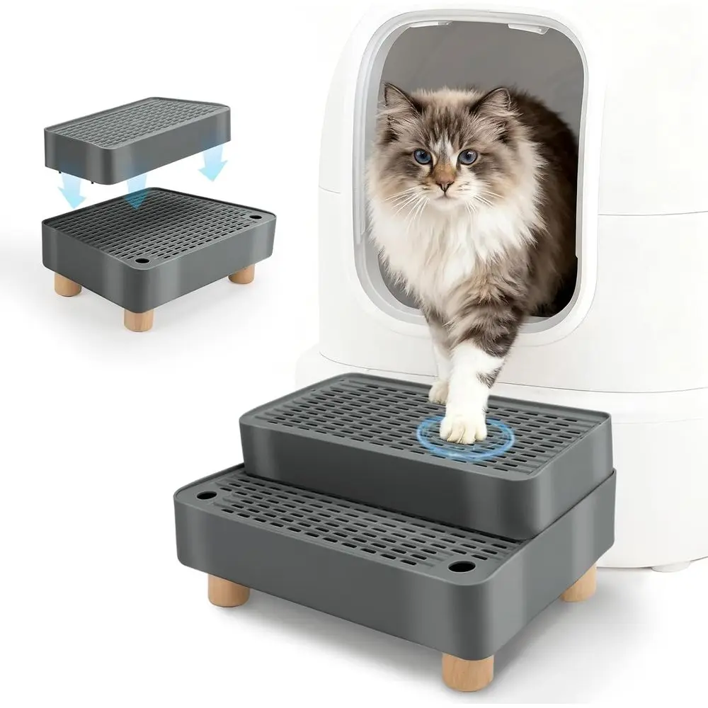 2-Step Wood Cat Litter Box Pedal, Double Layer Trapper, Ideal for Small & Elderly Cats, Non-Slip (K Grey)