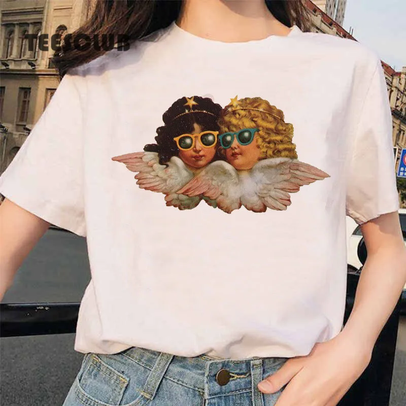 Europe and United States INS Style Cute Little Angel Print Hong Kong Style Male and Female Couple T-shirt MEN Women Clothing