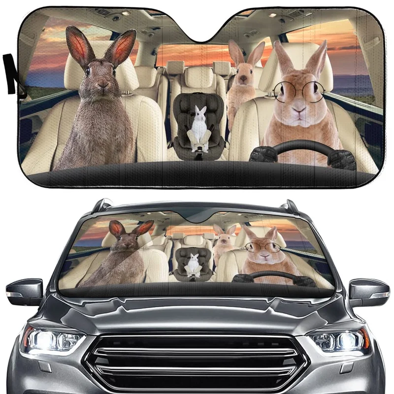 Rabbit Decor Driver Front Windshield Sun Shade, Lovely Bunny Family Car Windshield Sunshade, Farm Automotive Cover Keeps Out UV