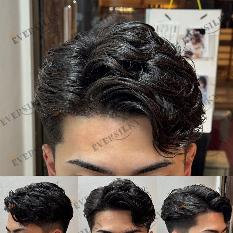 سوبر خط الشعر الطبيعي 0.1 مللي متر كامل بولي Base قاعدة الرجال الشعر المستعار بني داكن أسود رمادي رجل الباروكات سوبر دائم رقيقة الجلد رجل نظام الشعر #3