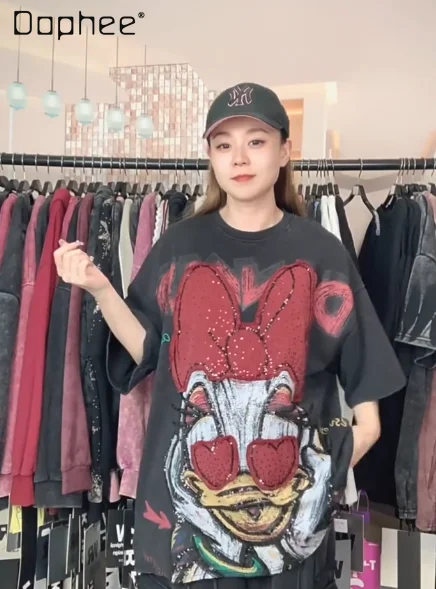 

Модная брендовая винтажная одежда, топы, осенняя новая модная милая футболка с героями мультфильмов, свободная футболка большого размера с короткими рукавами для женщин, новинка 2023 года