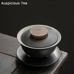 200ml Japanese Style Black Pottery Gaiwan Ceramic Tea Bowl Household Coarse Pottery Hand Grasp Bowl Kung Fu Tea Set Tea Cup Gift