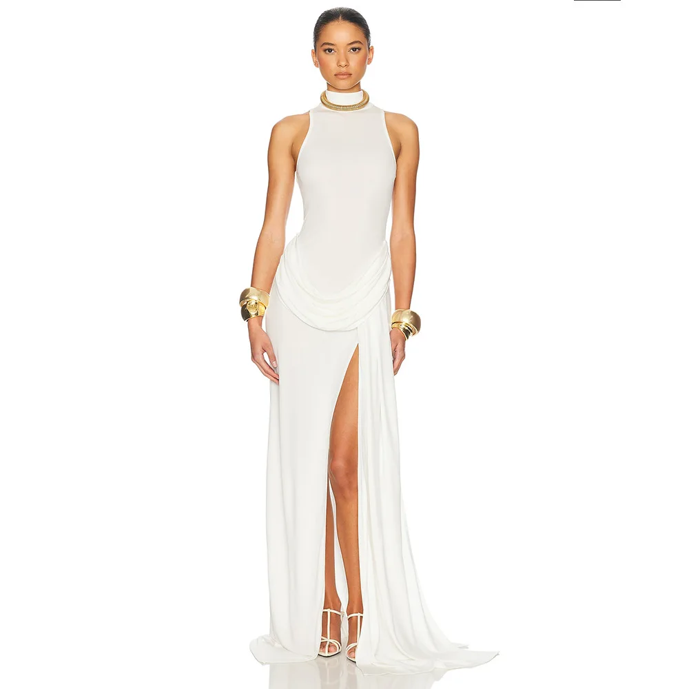 

Turtleneck Off-shoulder Sleeveless Thigh Split High Waist Pleated Maxi Dress For Women Elegant Fashion Club Party Dress sexyqual