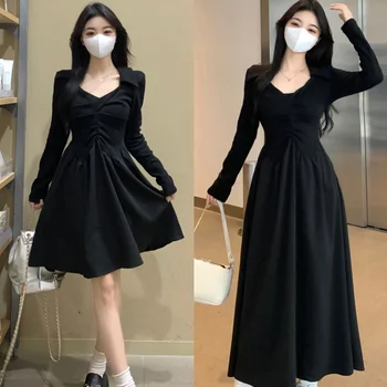 빈티지 긴 소매 드레스 여성 가을 블랙 스커트 플러스 사이즈 배꼽 커버 슬리밍 a 라인 미니 드레스 여성을위한 