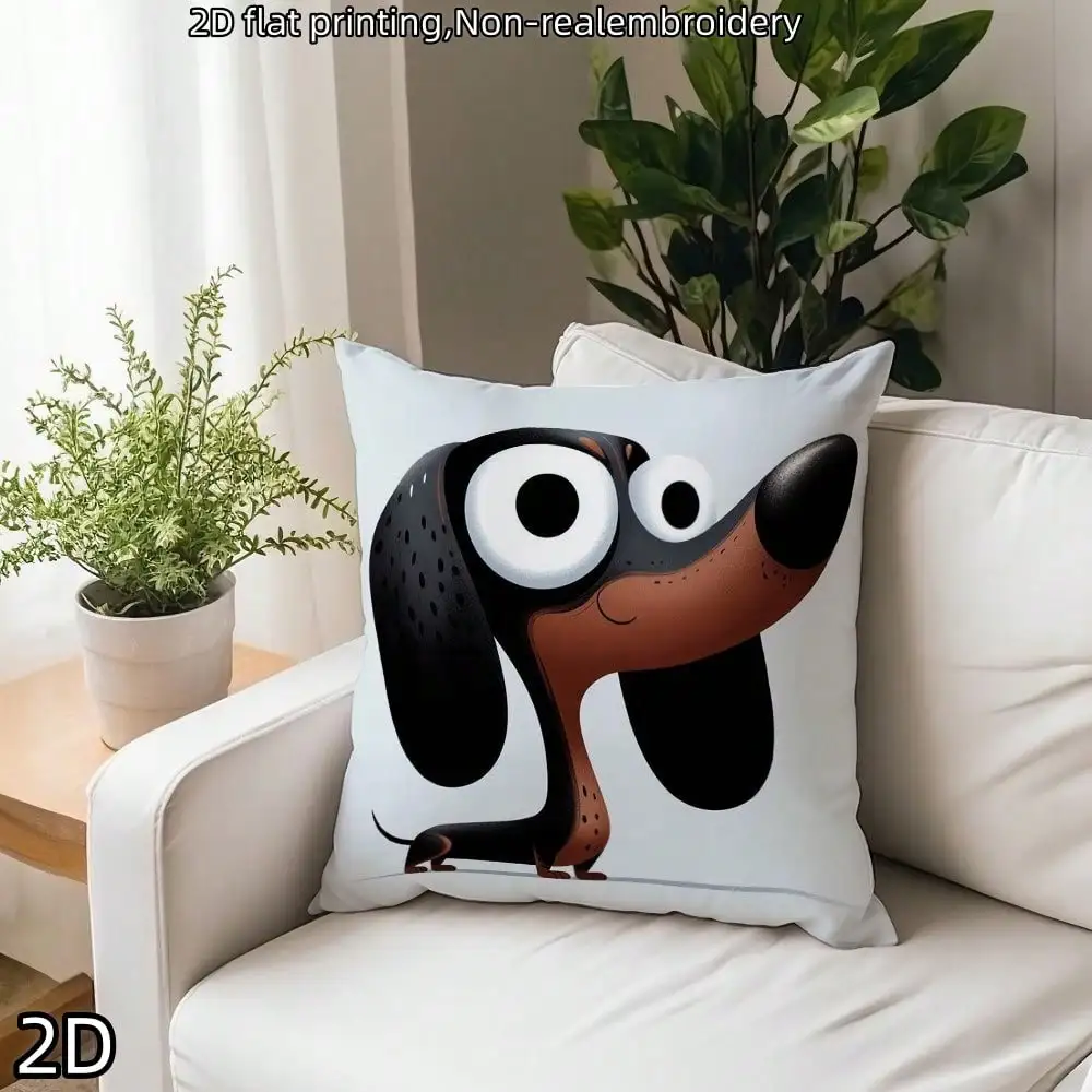 

2D плоская декоративная наволочка с милыми мультяшными таксами. Эта односторонняя наволочка с принтом