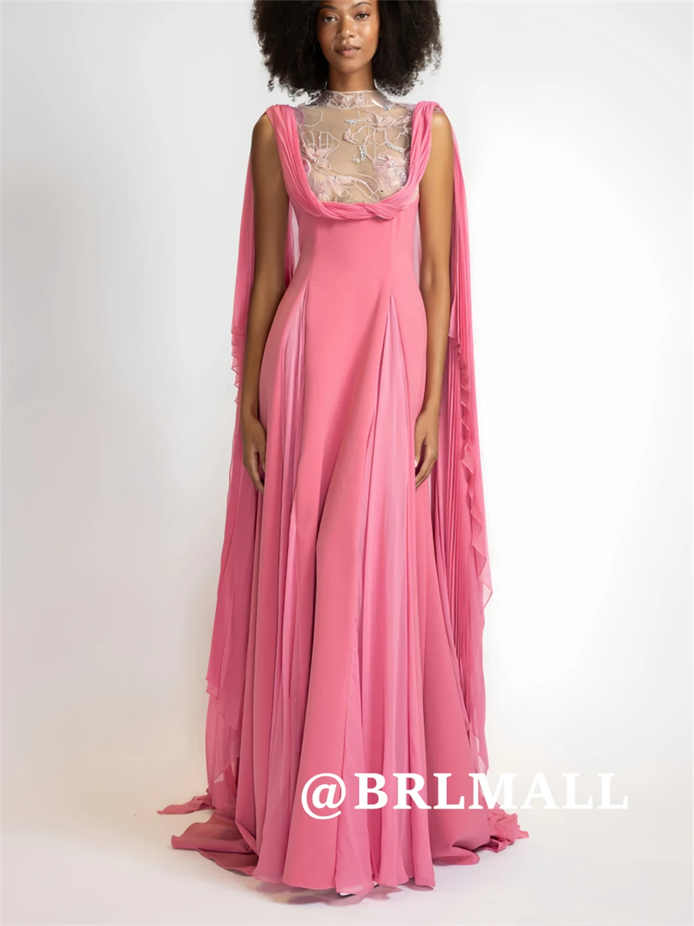 

BRLMALL Godness Chiffon Prom Dress with Beaded Lace High Neck Shawl Sleeves Long Flowy Evening Dresses for Women Customized