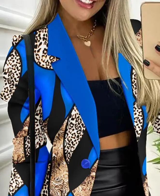 Elegant Blazer Women Long Sleeve Notched Collar Baroque Leopard Print Buttoned Work Jacket Coat 2023 Fashion Outwear Autumn Tops