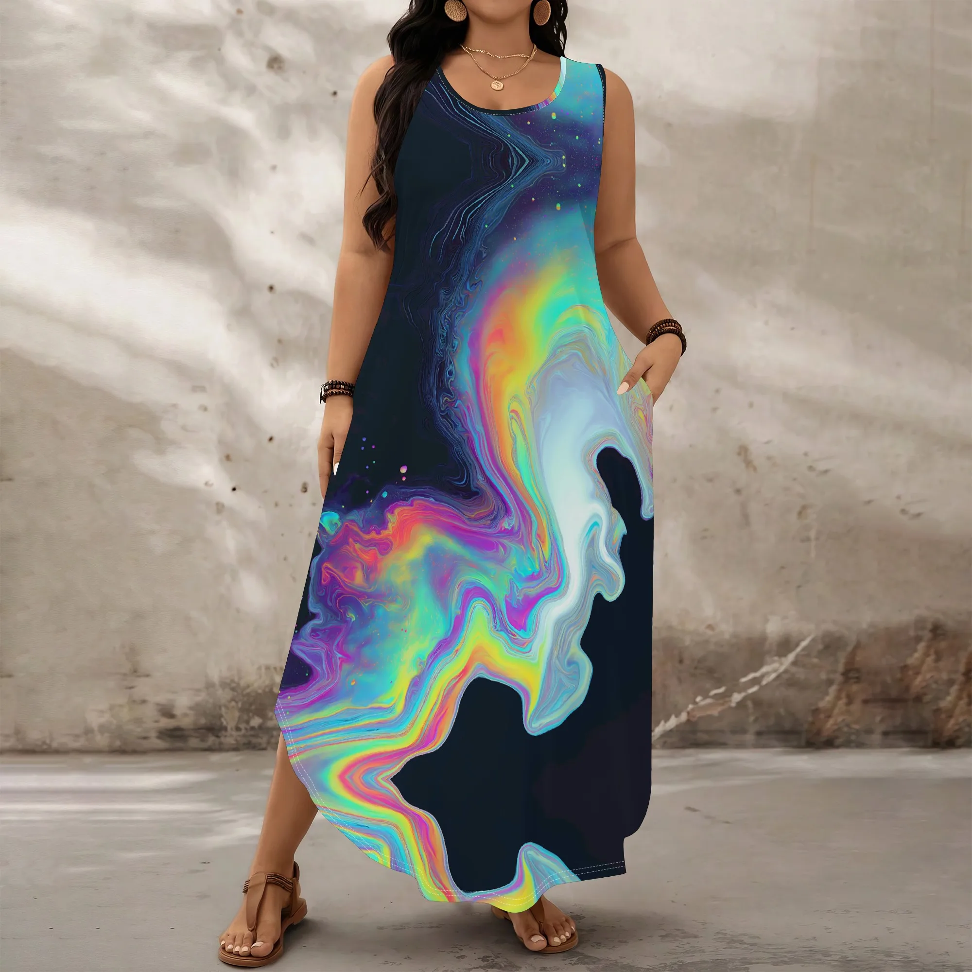 

Women Plus Size Sleeveless Maxi Dress Iridescent Galaxy Print Casual Summer XL-6XL
