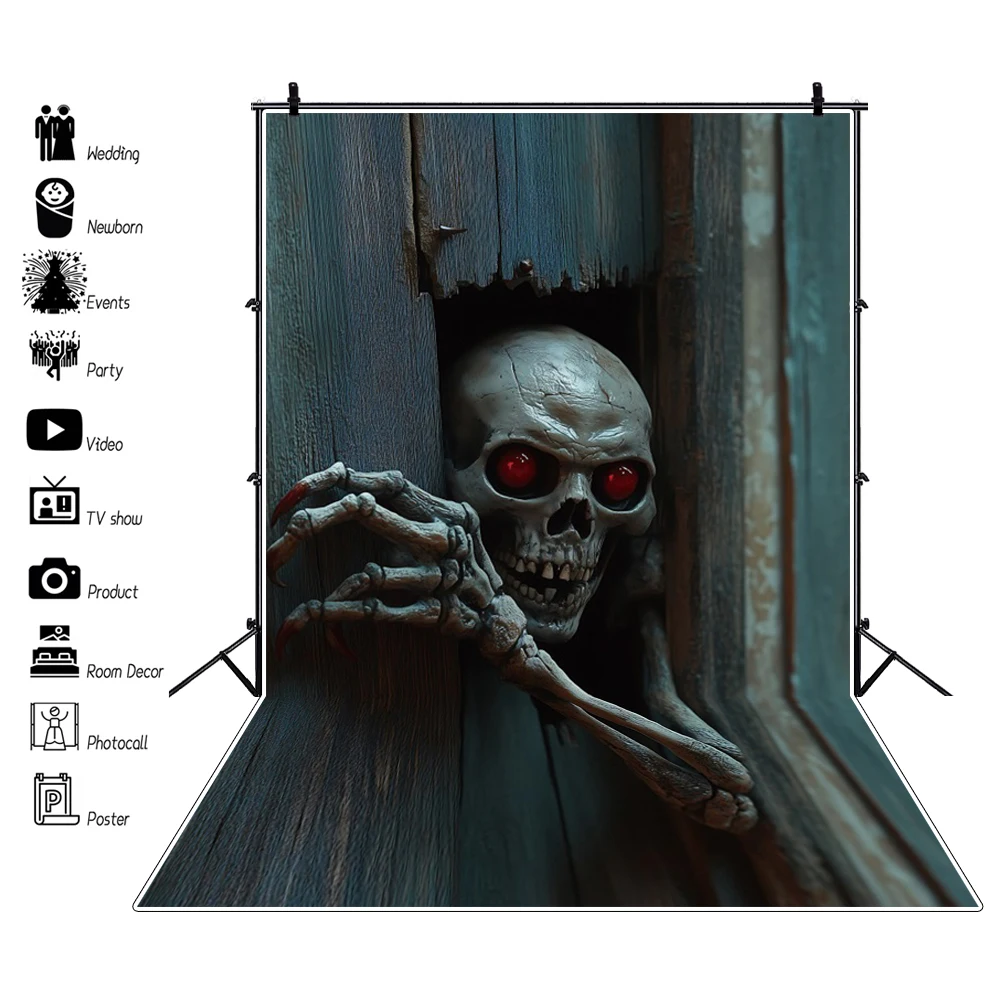 2025 هالوين التصوير خلفية رث باب خشبي الإرهاب شبح غيبوبة الاطفال الأسرة صورة خلفية استوديو الدعائم