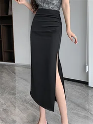 High Waist Side Split Women's Office Wrap Skirts 2023 New Spring Summer Korean Solid Pleated Straight Midi Black Skirts Ladies