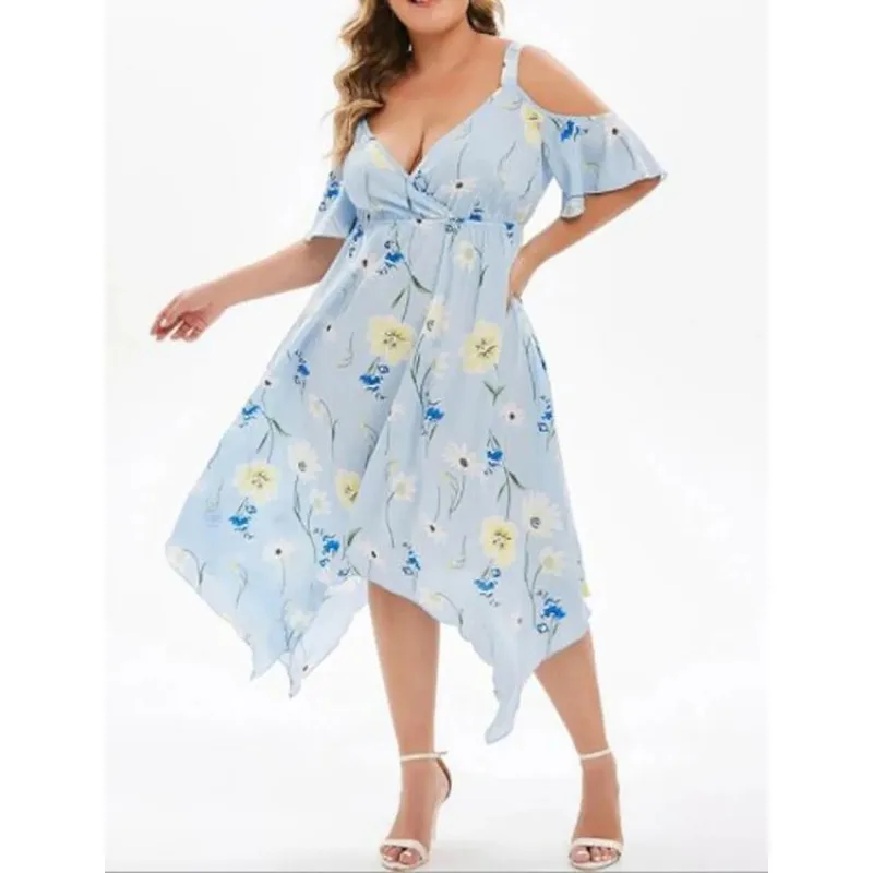 XL-5XL Dresses for Women Clothing Plus Size Halter Hollow Short Sleeve Flower Printing Chiffon Irregular Casual Elegant Dress