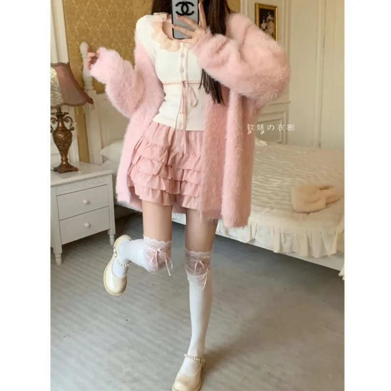 Sweet Square Neck Lace Top Cake Skirt Cardigan Three Piece Set Women Fashion Lace Splice Soft Korean Spicy Girl Autumn Slim Suit