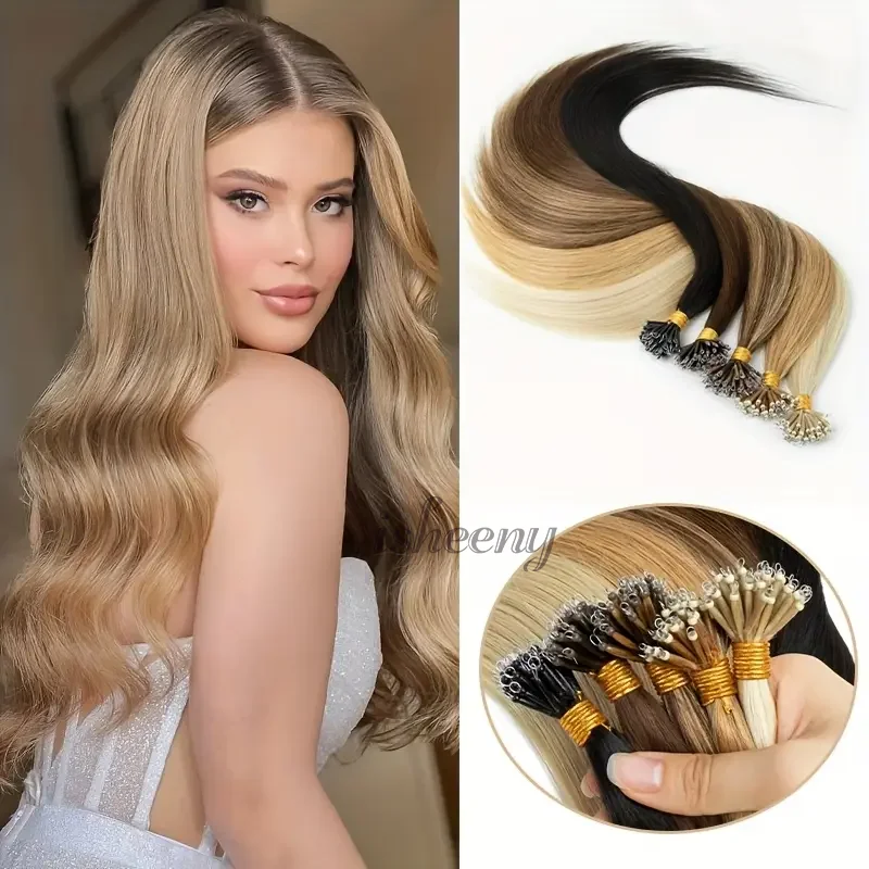 Pre Nano Ring Human Hair Extensions 12-20 Inches Micro Beads Hair 50pcs 30g/pack Natural Straight Real Hair For Women Add Volume