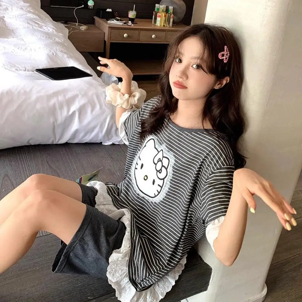 

Пижамы с короткими рукавами и полосатым принтом Sanrio, простой комплект «Hello Kitty», для отдыха, для дома, свежие, милые, милые, каваи, с мультяшной девушкой