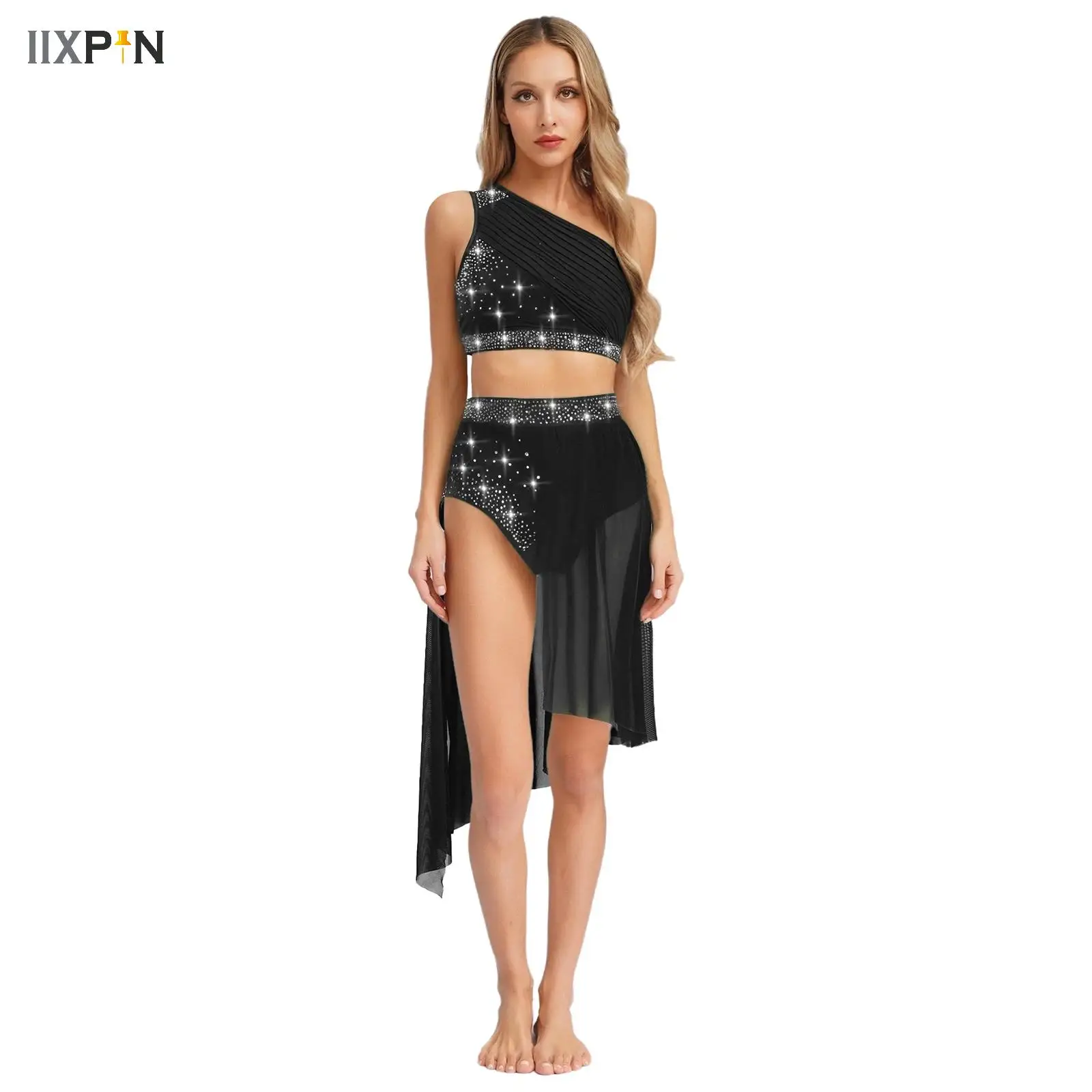 

Womens Adults Ballet Dance Set Rhinestones Crop Top and Wrap Tutu Skirt Set for Modern Lyrical Figure Skating Stage Dancewear