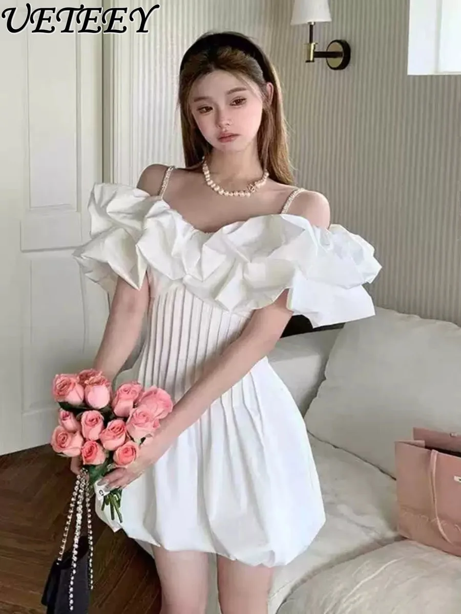 

Summer 2024 Princess Style Ruffled Spaghetti Straps Dress Cute Youth-Looking Pleated Off-Shoulder Fitted Waist Bubble Dresses